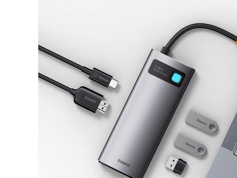 Baseus Hub 5in1 Metal Gleam Series USB-C to 3x USB 3.0 + HDMI + USB-C PD USB-Hubs - USB 3.0 - 5 - Grau