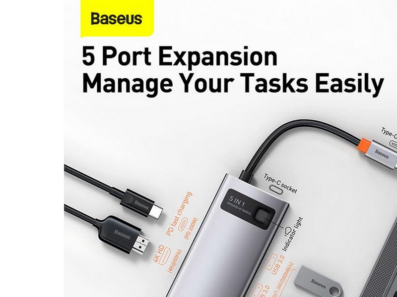 Baseus Hub 5in1 Metal Gleam Series USB-C to 3x USB 3.0 + HDMI + USB-C PD USB-Hubs - USB 3.0 - 5 - Grau