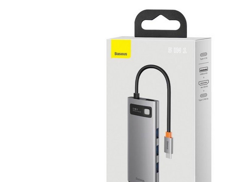 Baseus Hub 5in1 Metal Gleam Series USB-C to 3x USB 3.0 + HDMI + USB-C PD USB-Hubs - USB 3.0 - 5 - Grau