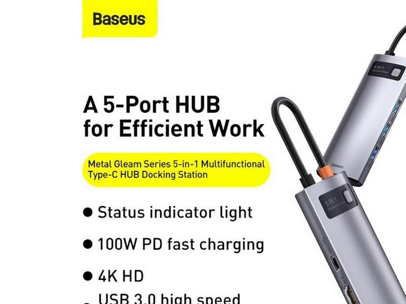Baseus Hub 5in1 Metal Gleam Series USB-C to 3x USB 3.0 + HDMI + USB-C PD USB-Hubs - USB 3.0 - 5 - Grau