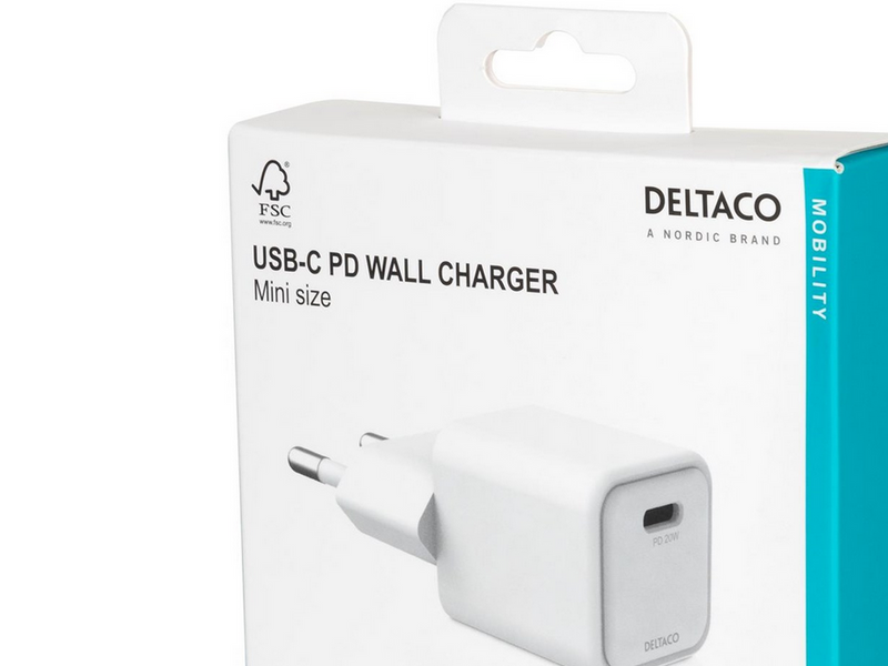 Deltaco USB-C mini wall charger 1x USB-C PD 20 W white