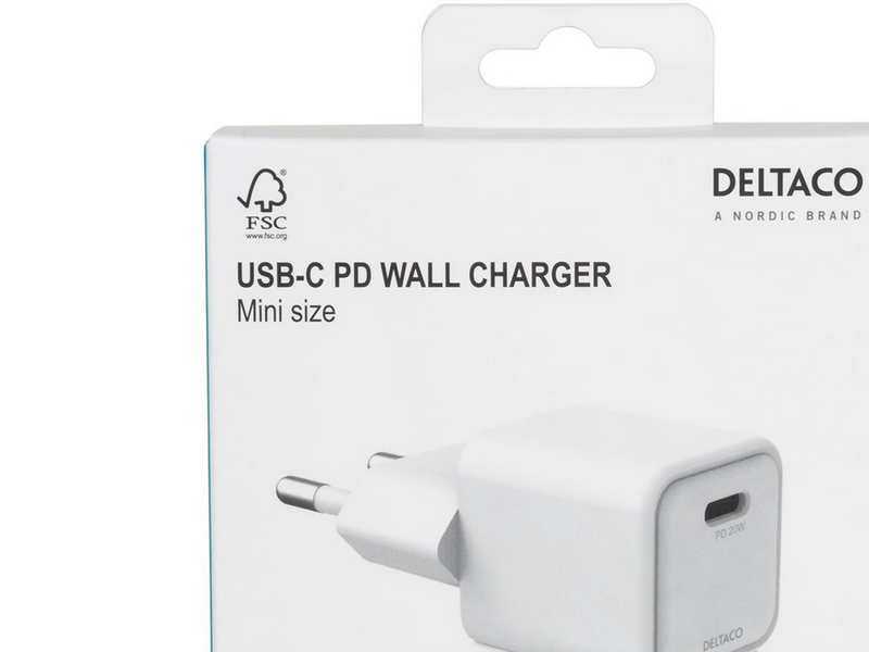 Deltaco USB-C mini wall charger 1x USB-C PD 20 W white