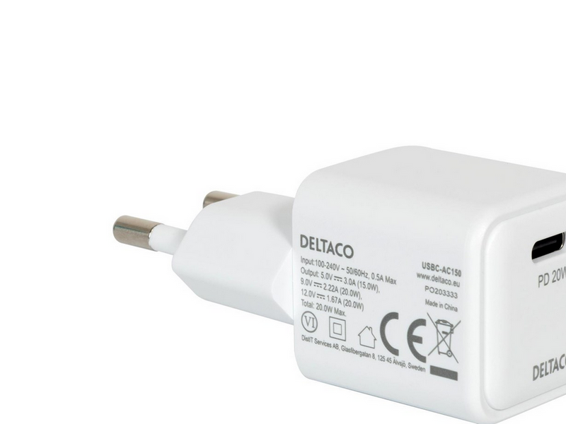 Deltaco USB-C mini wall charger 1x USB-C PD 20 W white