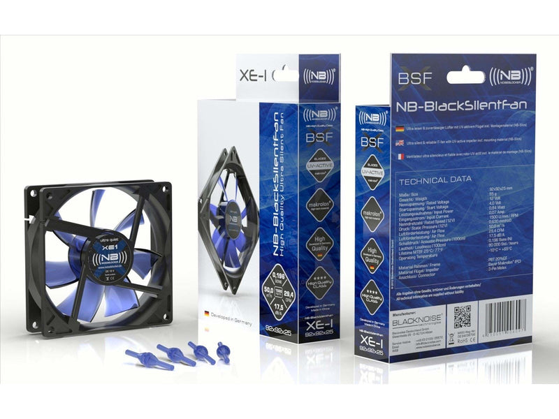 Blacknoise BlackSilentFan XE-1 - Gehäuselüfter - 92mm - Schwarz mit blauen Flügeln - 17 dBA