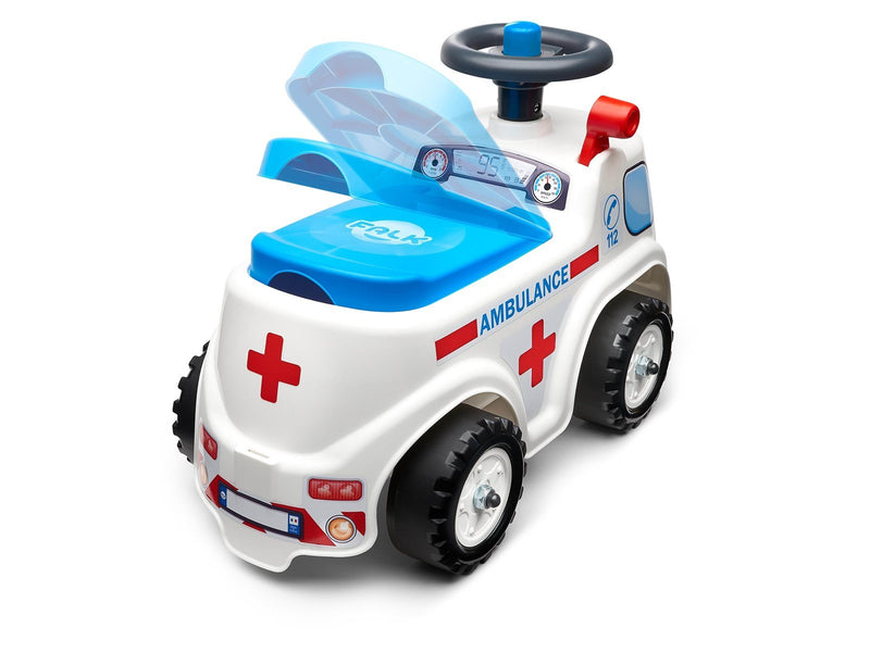Falk Ambulance ride-on with storage steering wheel and horn