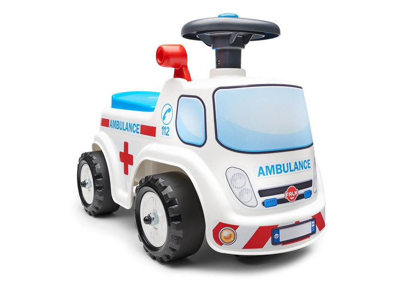 Falk Ambulance ride-on with storage steering wheel and horn