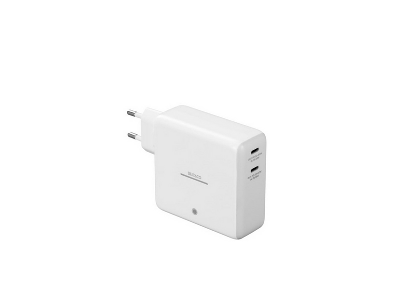 Deltaco USB-C GaN Wall Charger 60W w/ Built-in Powerbank | 9600 mAh | 2x USB-C | PPS | White