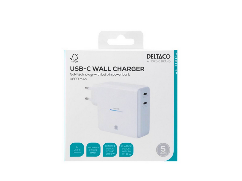 Deltaco USB-C GaN Wall Charger 60W w/ Built-in Powerbank | 9600 mAh | 2x USB-C | PPS | White