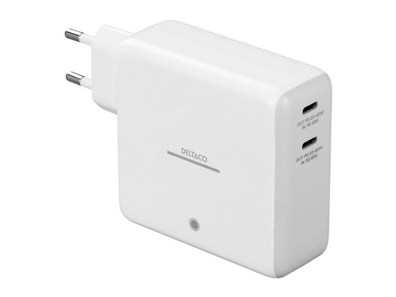 Deltaco USB-C GaN Wall Charger 60W w/ Built-in Powerbank | 9600 mAh | 2x USB-C | PPS | White