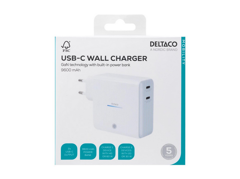 Deltaco USB-C GaN Wall Charger 60W w/ Built-in Powerbank | 9600 mAh | 2x USB-C | PPS | White