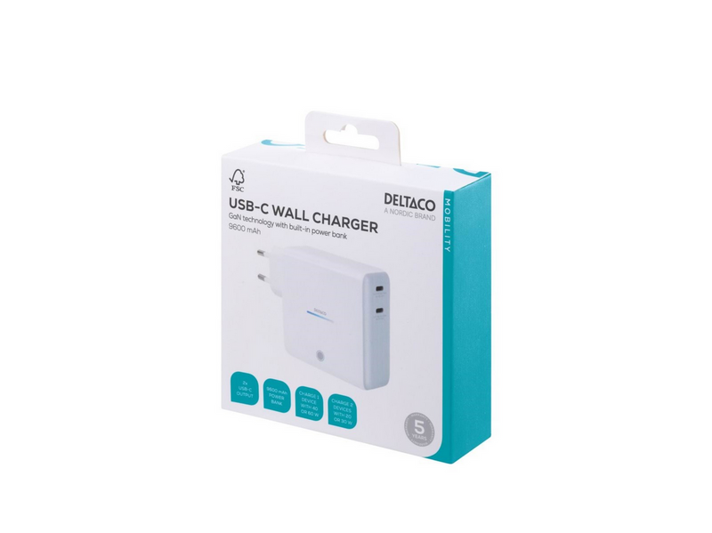 Deltaco USB-C GaN Wall Charger 60W w/ Built-in Powerbank | 9600 mAh | 2x USB-C | PPS | White