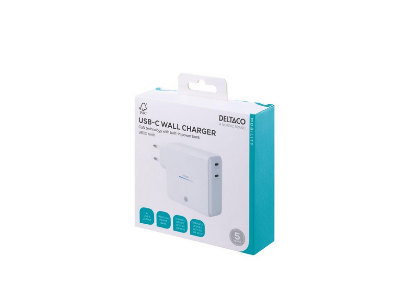 Deltaco USB-C GaN Wall Charger 60W w/ Built-in Powerbank | 9600 mAh | 2x USB-C | PPS | White