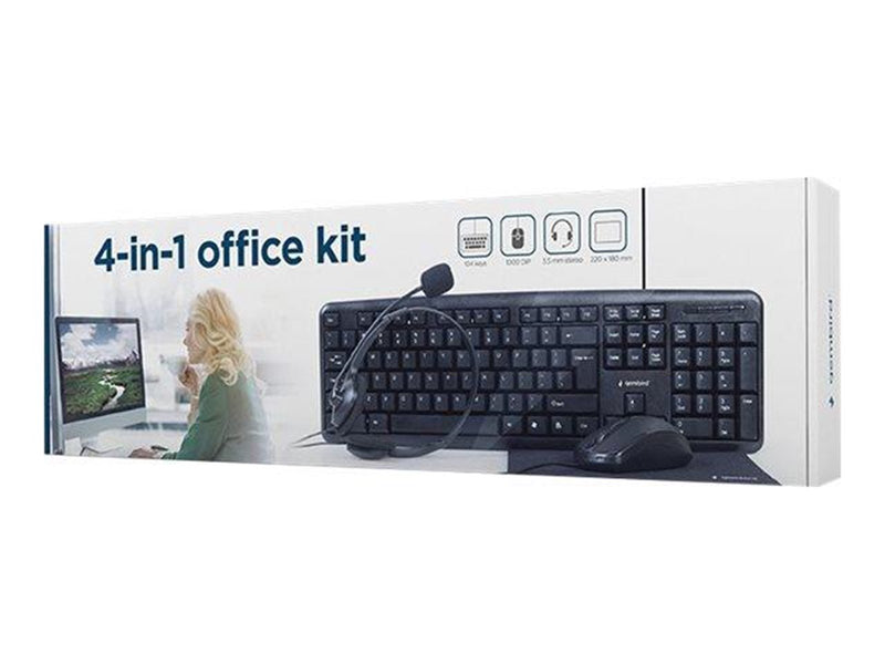 Gembird KBS-UO4-01 - 4-in-1 office kit - keyboard mouse headset and mouse pad set - QWERTY - US - Tastatur-, Maus-, Headset- und