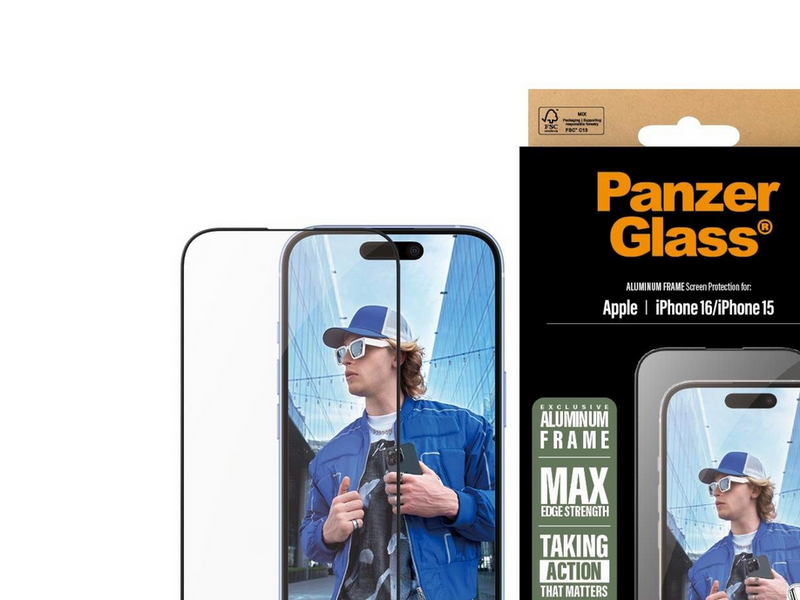 PanzerGlass Screen Protector Aluminum Frame iPhone 16 | Ultra-Wide Fit