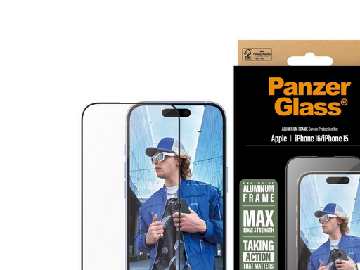 PanzerGlass Screen Protector Aluminum Frame iPhone 16 | Ultra-Wide Fit