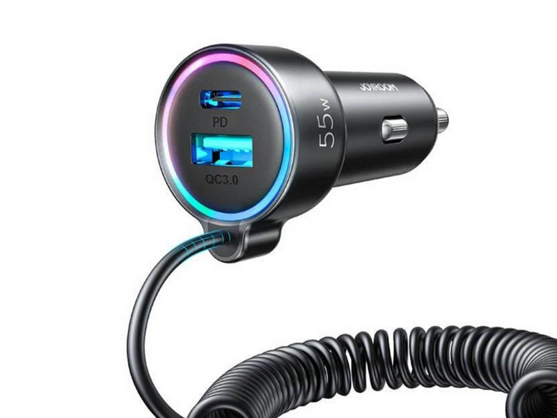 Joyroom Car charger JR-CL07 3-in-1 1x USB + 1x PD 55W + Type-C cable (black)