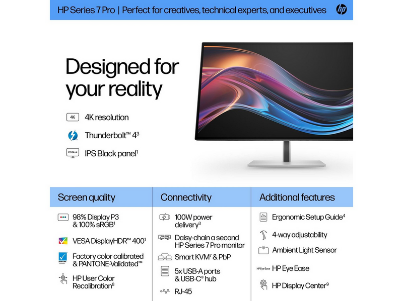 27" HP 727pk Series 7 Pro - 3840x2160 (4K) - 60Hz - IPS Black - 100W USB-C - KVM switch