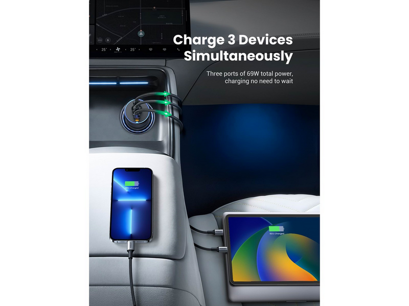 UGREEN 75w 3-Port Fast Car Charger