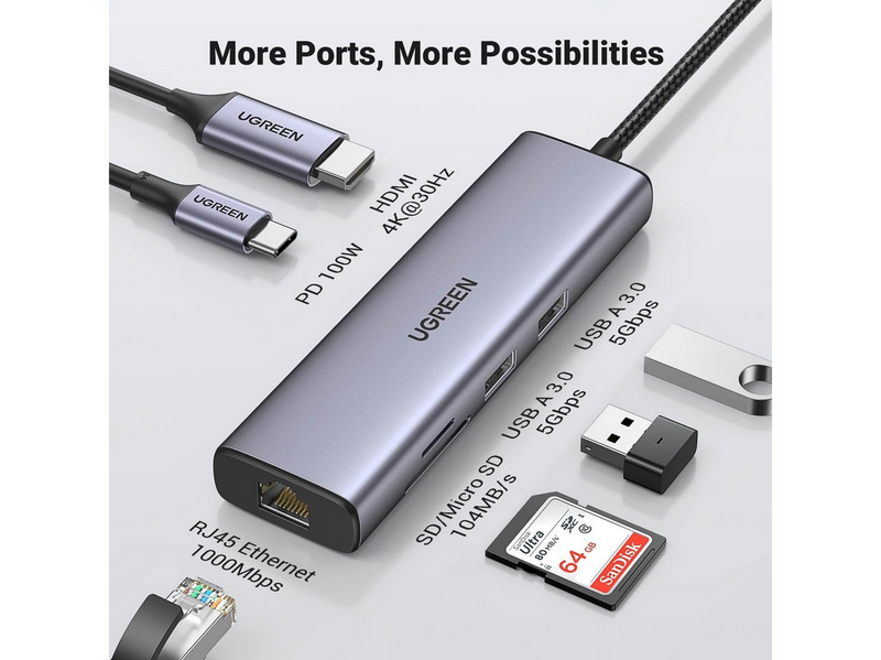 UGREEN 7-in-1 USB-C Hub - HDMI - Gray