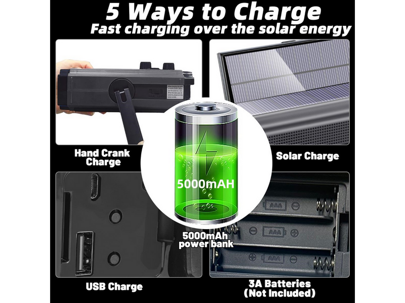 Lippa Emergency Radio - Solar - Dynamo - 5000 mAh Power Bank - AM/FM - Mono - schwarz