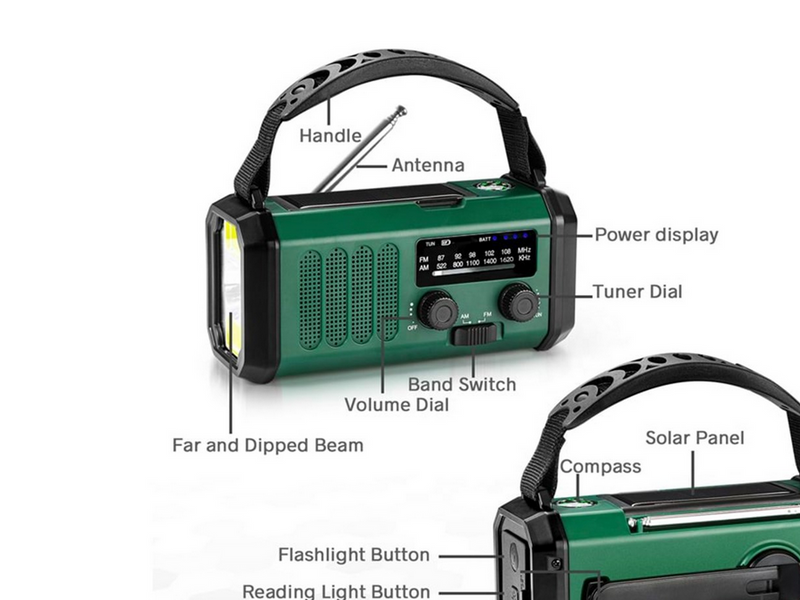 Lippa Emergency Radio - Solar - Dynamo - Compass - 10.000 mAh Power Bank - AM/FM - Mono - Grün