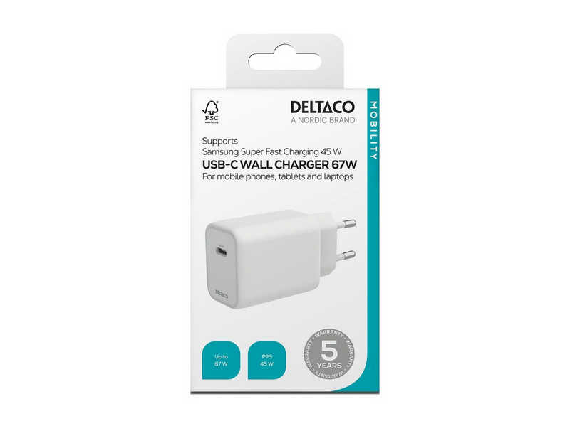 Deltaco USB-C GaN Wall Charger 67W | 1x USB-C | Samsung SFC 45W | PPS + PD | White