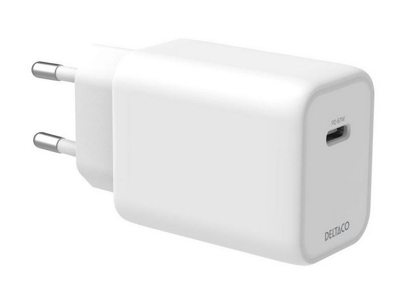 Deltaco USB-C GaN Wall Charger 67W | 1x USB-C | Samsung SFC 45W | PPS + PD | White