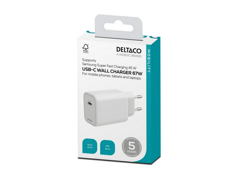 Deltaco USB-C GaN Wall Charger 67W | 1x USB-C | Samsung SFC 45W | PPS + PD | White