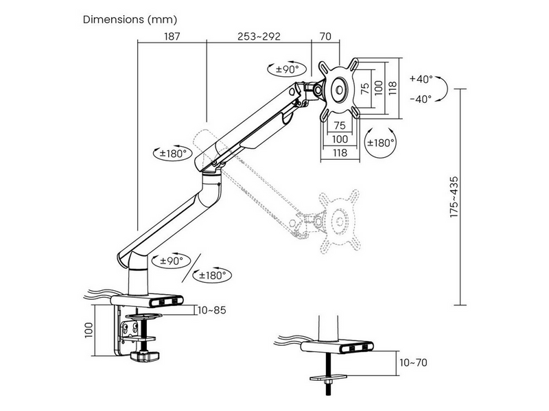 DUTZO Monitorarm für 1 Monitor (17"-32") - Slim USB Version (Weiß)