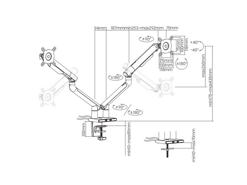 DUTZO Monitorarm für 2 Monitore (17"-32") - Slim USB Version (Weiß)