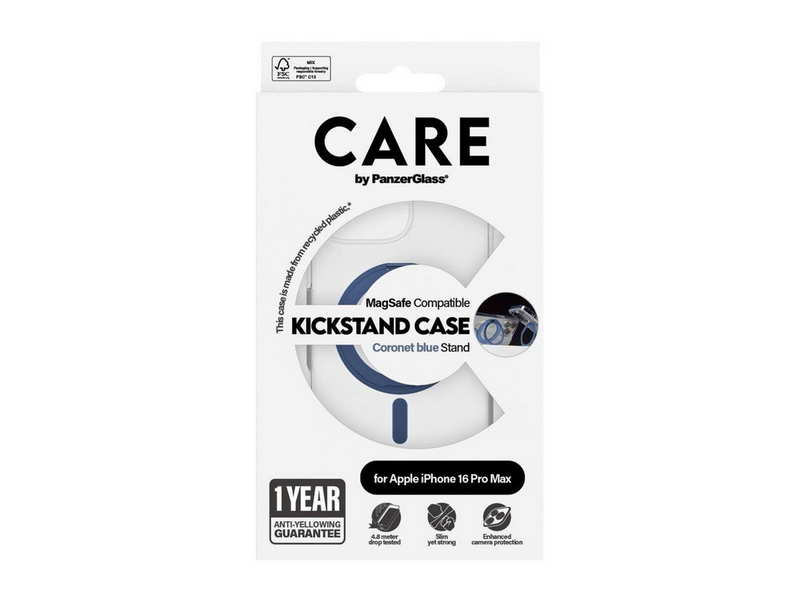 CARE by PanzerGlass Feature Case Transparent w. Blue Kickstand & MagSafe iPhone 16 Pro Max