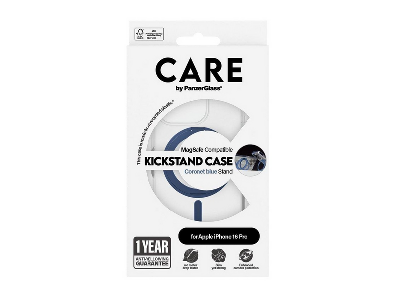 CARE by PanzerGlass Feature Case Transparent w. Blue Kickstand & MagSafe iPhone 16 Pro