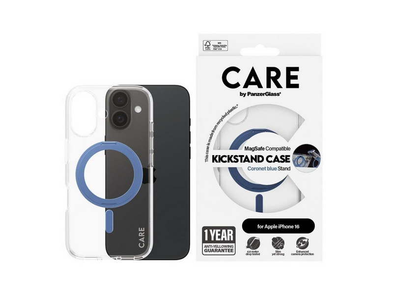 CARE by PanzerGlass Feature Case Transparent w. Blue Kickstand & MagSafe iPhone 16