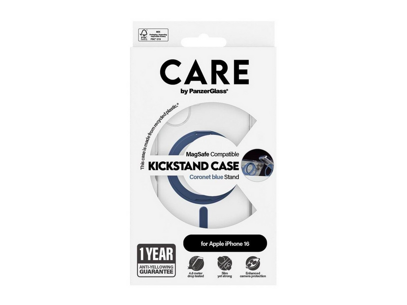 CARE by PanzerGlass Feature Case Transparent w. Blue Kickstand & MagSafe iPhone 16