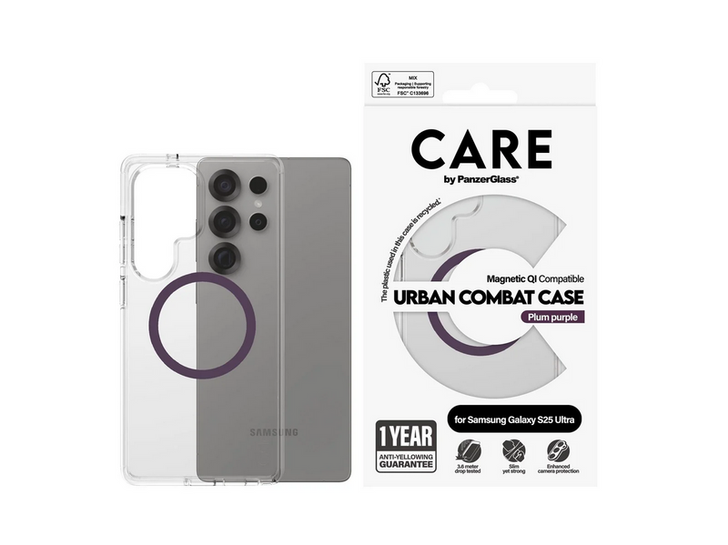 CARE by PanzerGlass Flagship Case Transparent Urban Combat w. Plum Purple QI Compatible Samsung Galaxy S25 Ultra