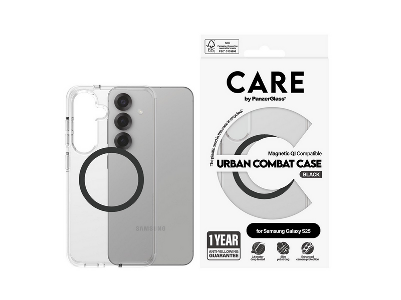 CARE by PanzerGlass Flagship Case Transparent Urban Combat w. Black QI Compatible Samsung Galaxy S25