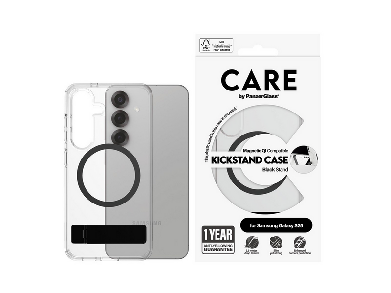 CARE by PanzerGlass Feature Case Transparent w. Black Kickstand & QI Compatible Samsung Galaxy S25