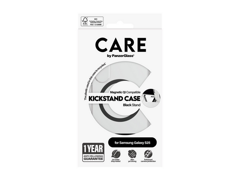 CARE by PanzerGlass Feature Case Transparent w. Black Kickstand & QI Compatible Samsung Galaxy S25