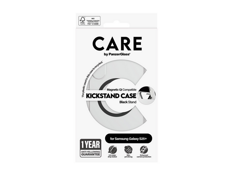 CARE by PanzerGlass Feature Case Transparent w. Black Kickstand & QI Compatible Samsung Galaxy S25+