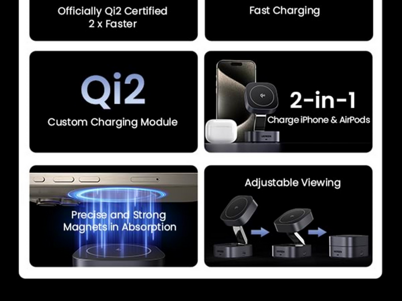 UGREEN 2-in-1 Qi2 Magnetic Foldable Charging Station (No AC Adapter)