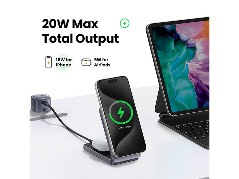 UGREEN Qi2 15w 2-In-1 Wireless Charger Magsafe Fast Charging Station Grey