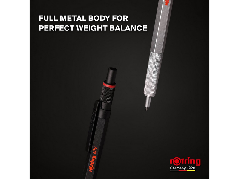Rotring 600 Gel Pen | 0.55 mm | Black Ink | Black Metal Body Pen | Non-Slip Knurled Grip & Hexagonal Barrel | Refillable