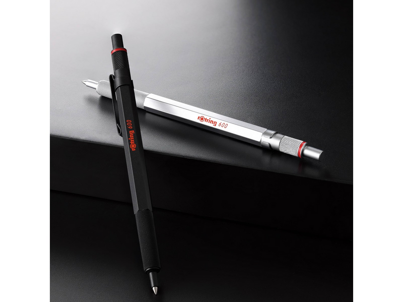 Rotring 600 Gel Pen | 0.55 mm | Black Ink | Silver Metal Body Pen | Non-Slip Knurled Grip & Hexagonal Barrel | Refillable