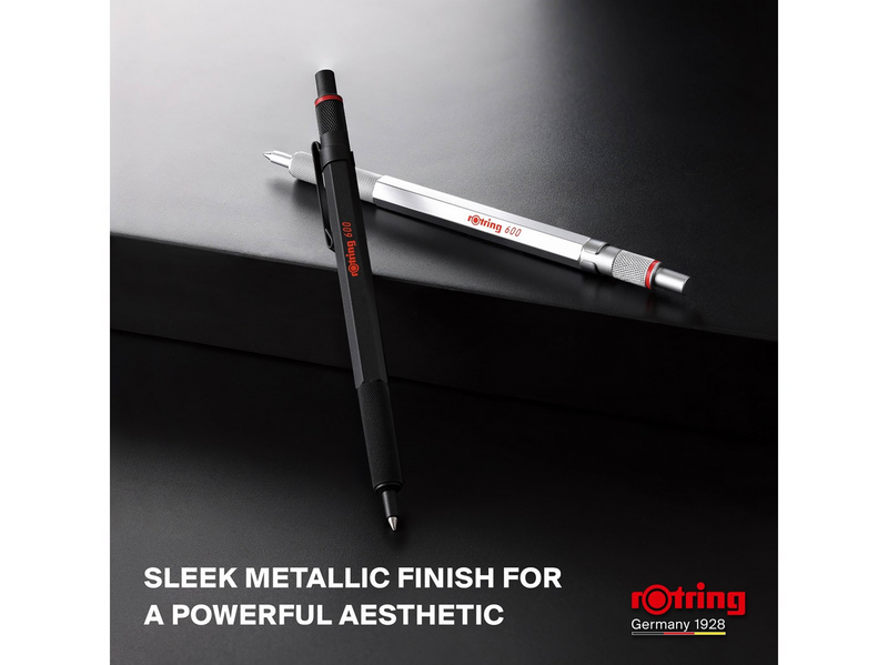 Rotring 600 Gel Pen | 0.55 mm | Black Ink | Silver Metal Body Pen | Non-Slip Knurled Grip & Hexagonal Barrel | Refillable