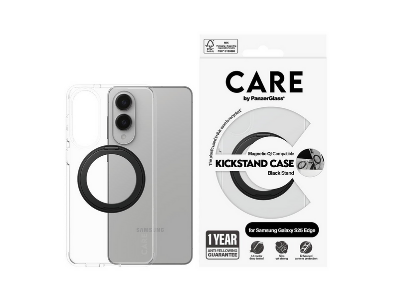 CARE by PanzerGlass Feature Case Transparent w. Black Kickstand & Qi Compatible Samsung S25 Edge