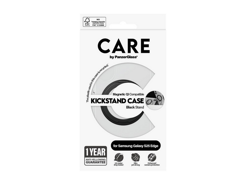 CARE by PanzerGlass Feature Case Transparent w. Black Kickstand & Qi Compatible Samsung S25 Edge
