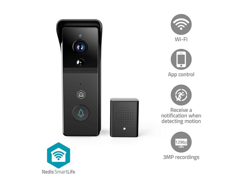 Nedis SmartLife Video Doorphone Wi-Fi Battery 3MP Full HD 1296p Cloud Storage (option) / microSD (not included) IP44 With motion sensor Night vision Black