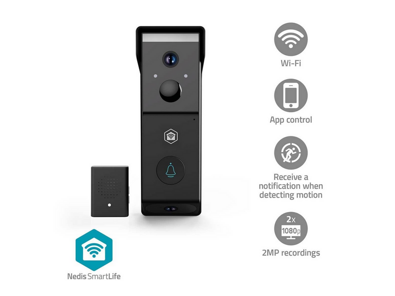 Nedis SmartLife Video Doorphone Wi-Fi Battery 2x Full HD 1080p Cloud Storage (option) / microSD (not included) IP54 With motion sensor Night vision Black