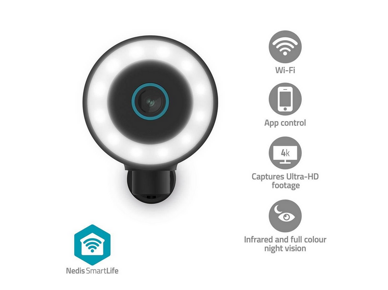 Nedis SmartLife Outdoor Camera Wi-Fi Spotlight 4K / 3840x2160 IP65 Cloud Storage (option) / microSD (not included) / Onvif 5 V DC With motion sensor Night vision Black