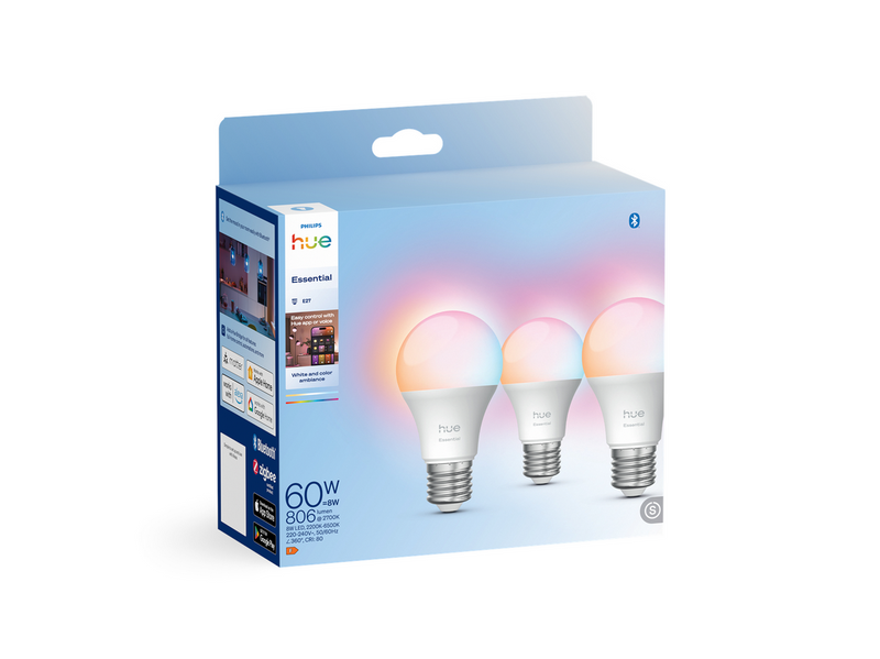 Philips Hue Essential A60 - E27 Smart Bulb - 806 lumen - 8 W - 3 pack